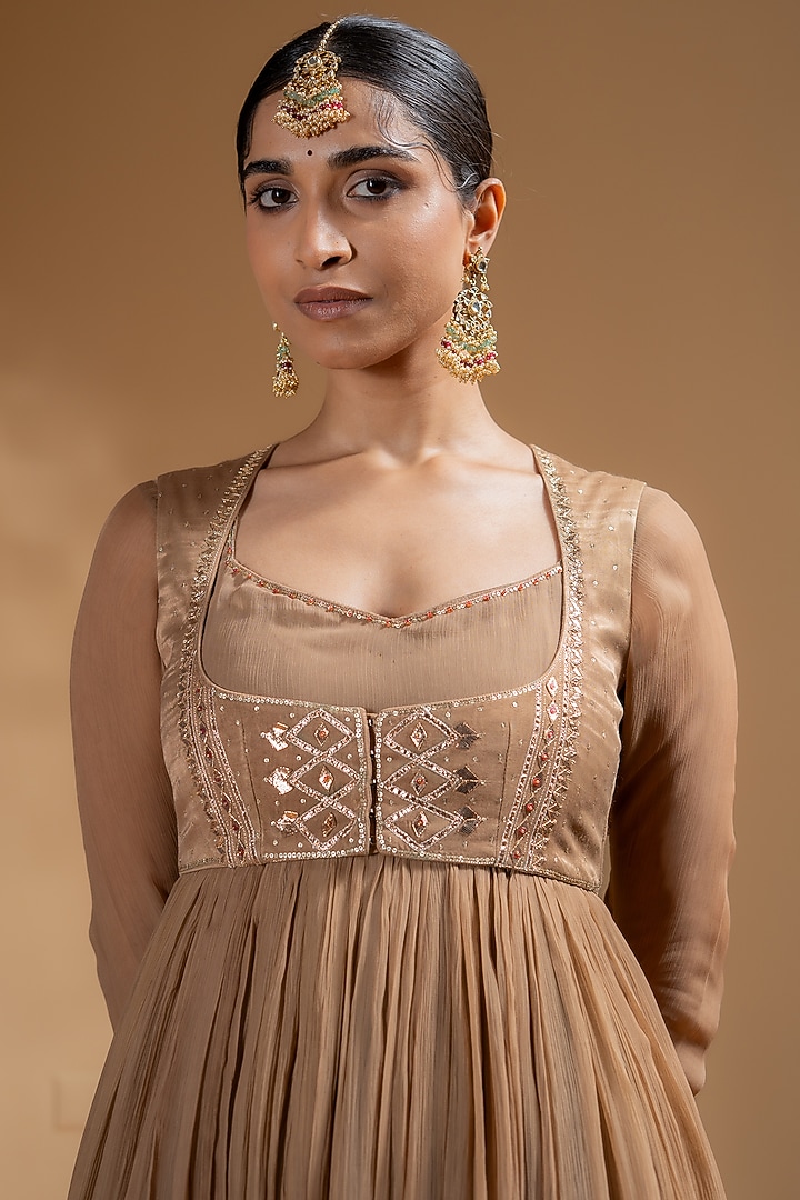 Mocha-Colored Chanderi Gota Work Party Wear Anarkali Set by Baise Gaba at Pernia's Pop Up Shop