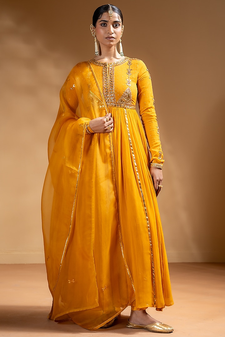 Yellow Chanderi Gota Work Party Wear Anarkali Set by Baise Gaba at Pernia's Pop Up Shop