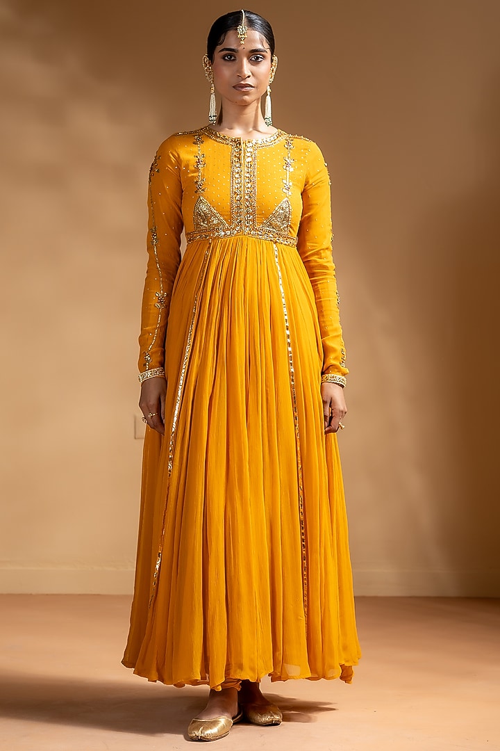 Yellow Chanderi Gota Work Party Wear Anarkali Set by Baise Gaba at Pernia's Pop Up Shop