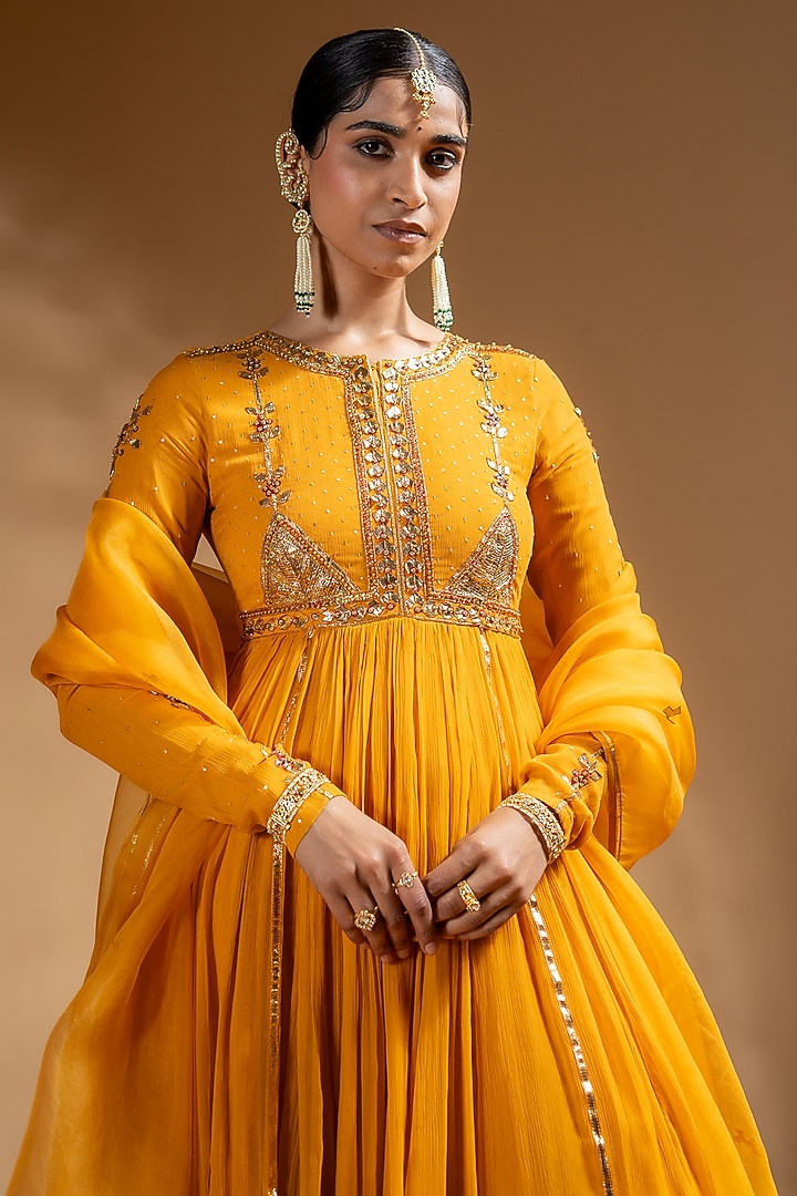 Yellow Chanderi Gota Work Party Wear Anarkali Set by Baise Gaba at Pernia's Pop Up Shop