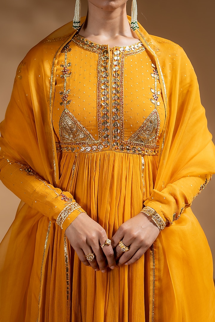 Yellow Chanderi Gota Work Party Wear Anarkali Set by Baise Gaba at Pernia's Pop Up Shop