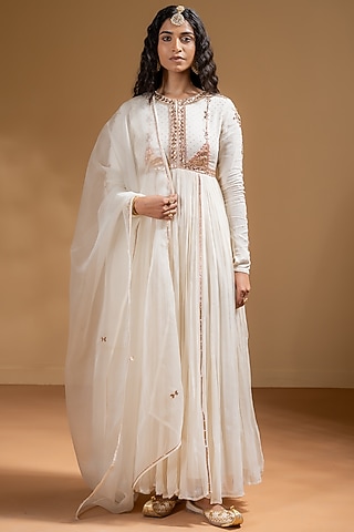 Off-White Chanderi Gota Work Anarkali Set by Baise Gaba