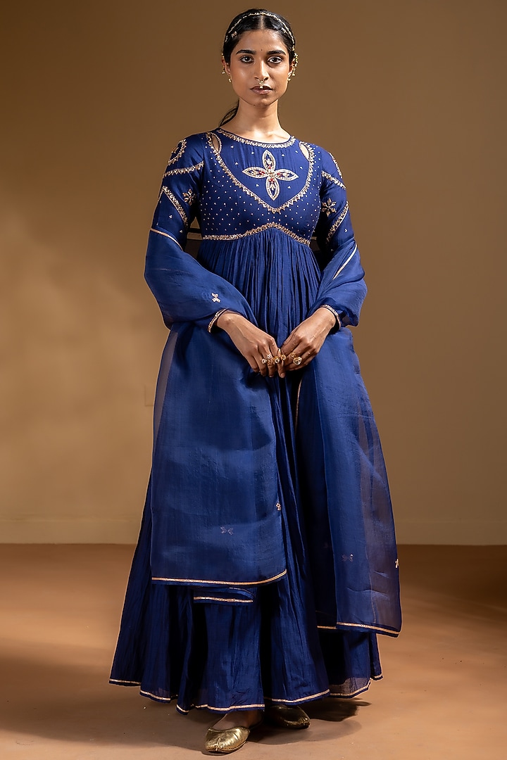 Blue Chanderi Gota Work Party Wear Anarkali Set by Baise Gaba at Pernia's Pop Up Shop