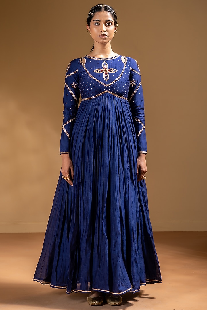 Blue Chanderi Gota Work Party Wear Anarkali Set by Baise Gaba at Pernia's Pop Up Shop