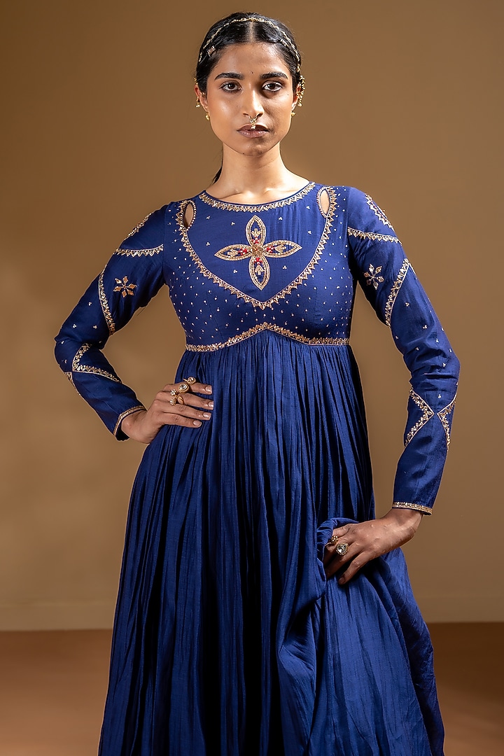 Blue Chanderi Gota Work Party Wear Anarkali Set by Baise Gaba at Pernia's Pop Up Shop