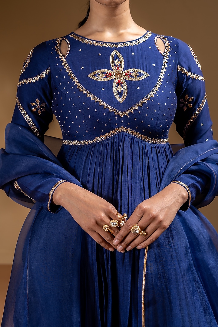 Blue Chanderi Gota Work Party Wear Anarkali Set by Baise Gaba at Pernia's Pop Up Shop