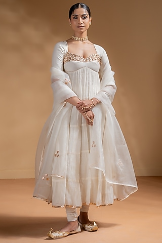 Off-White Chanderi Gota Work Tiered Anarkali Set by Baise Gaba