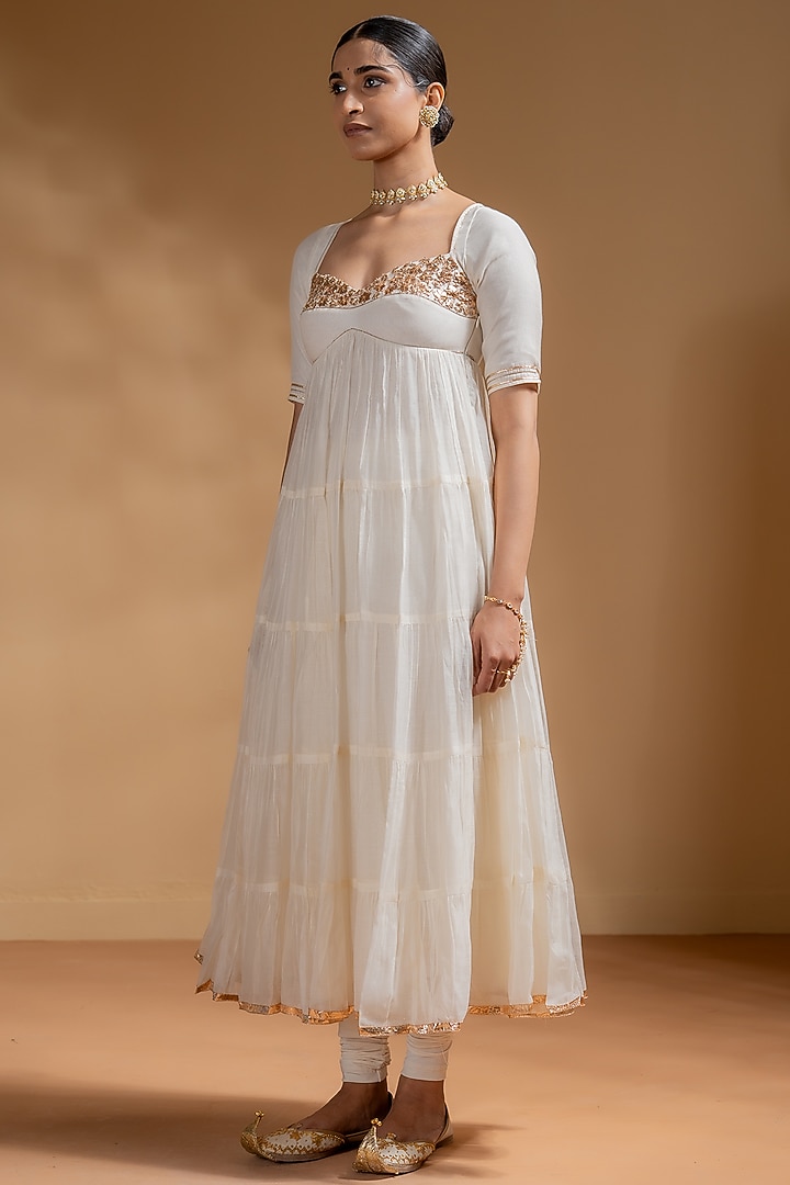 Off-White Chanderi Gota Work Tiered Party Wear Anarkali Set by Baise Gaba at Pernia's Pop Up Shop
