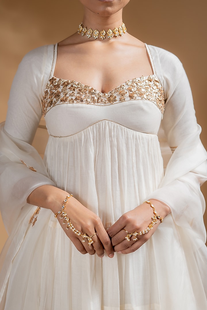 Off-White Chanderi Gota Work Tiered Party Wear Anarkali Set by Baise Gaba at Pernia's Pop Up Shop