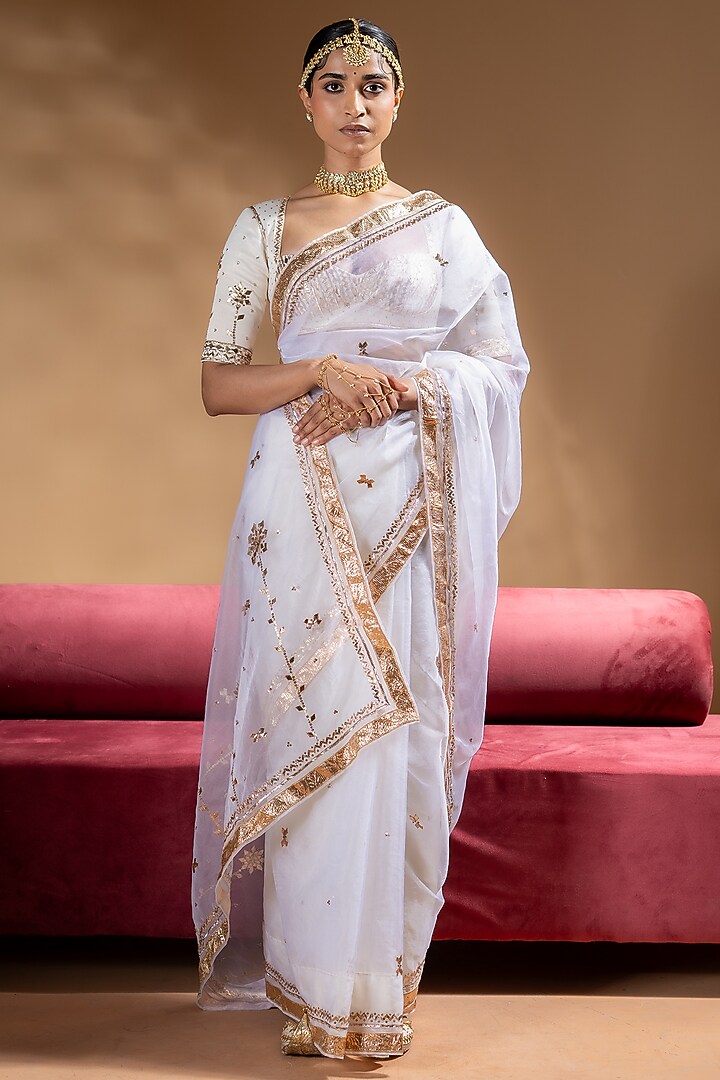 White Organza Embellished Wedding Saree Set by Baise Gaba at Pernia's Pop Up Shop
