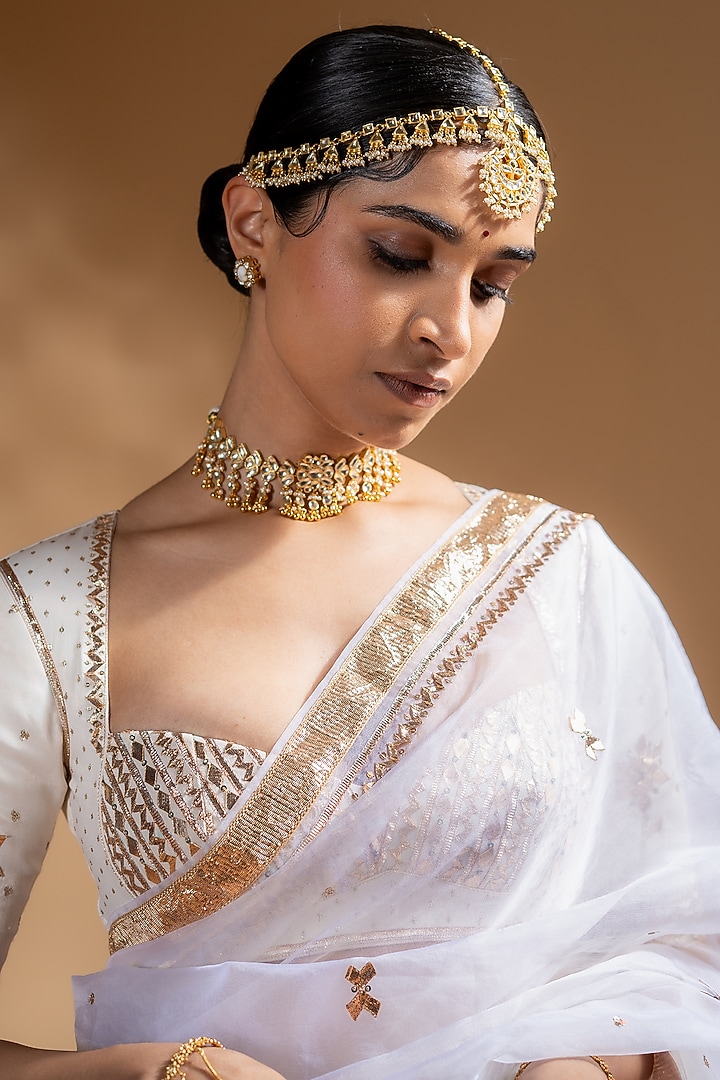 White Organza Embellished Wedding Saree Set by Baise Gaba at Pernia's Pop Up Shop