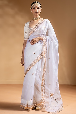 White Organza Embroidered Saree Set by Baise Gaba