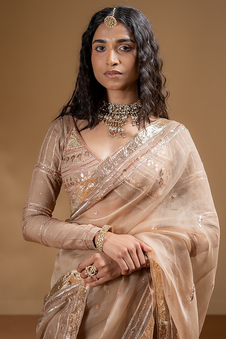 Mocha Organza Gota Work Wedding Saree Set by Baise Gaba at Pernia's Pop Up Shop