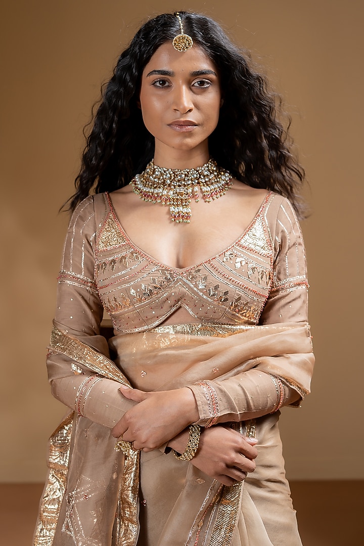 Mocha Organza Gota Work Wedding Saree Set by Baise Gaba at Pernia's Pop Up Shop