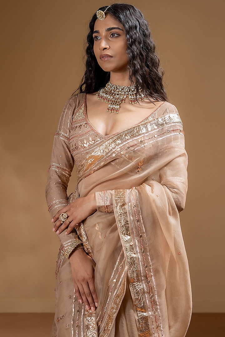 Mocha Organza Gota Work Wedding Saree Set by Baise Gaba at Pernia's Pop Up Shop