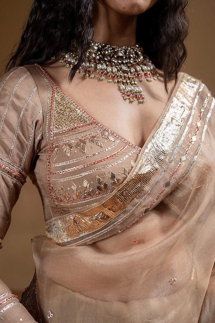 Mocha Organza Gota Work Wedding Saree Set by Baise Gaba at Pernia's Pop Up Shop