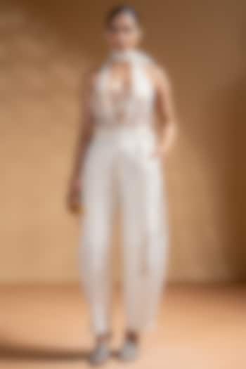 Off-White Dull Satin Embellished Pant Set by Baise Gaba at Pernia's Pop Up Shop