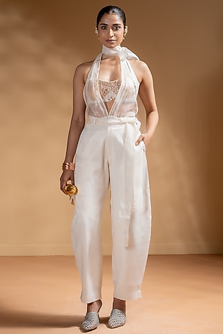 Off-White Dull Satin Embellished Pant Set by Baise Gaba