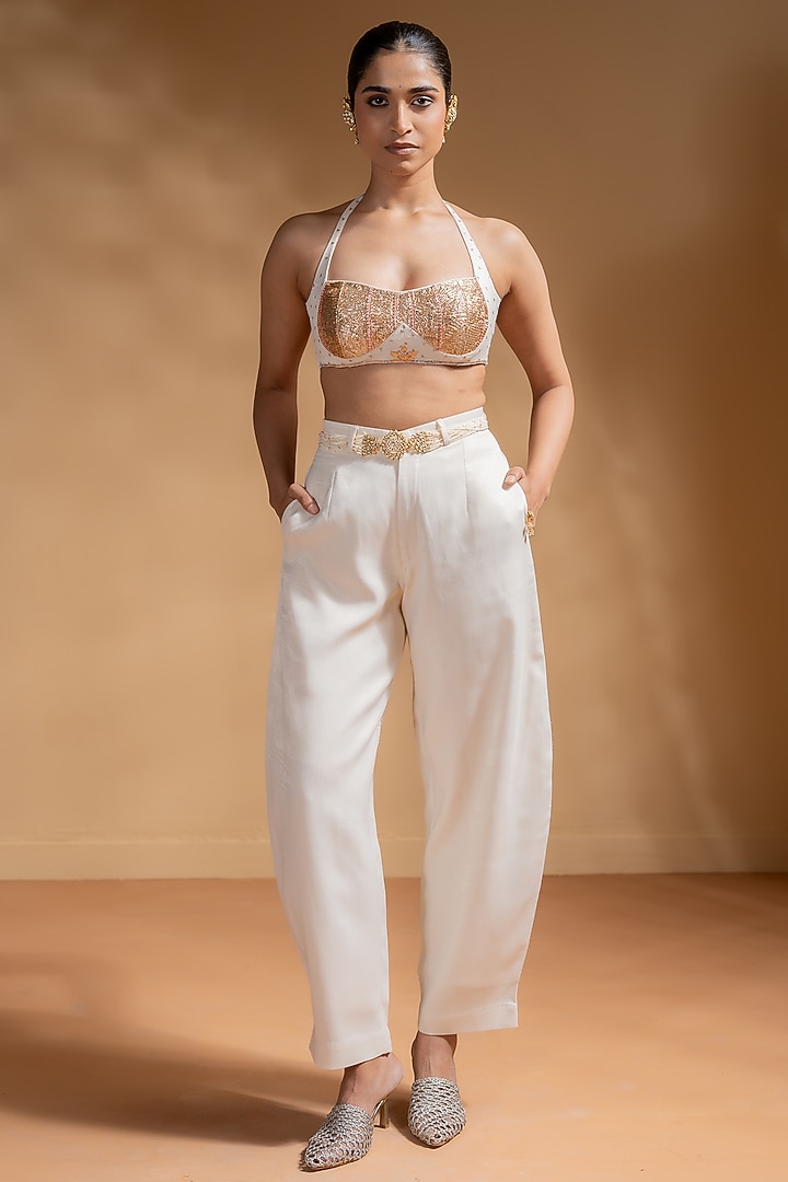 Off-White Dull Satin Embellished Pant Set by Baise Gaba at Pernia's Pop Up Shop