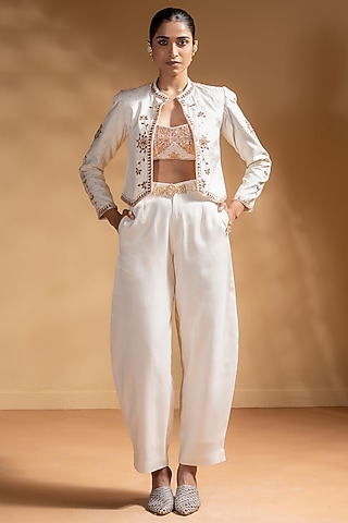 Off-White Dull Satin Gota Work Jacket Set by Baise Gaba