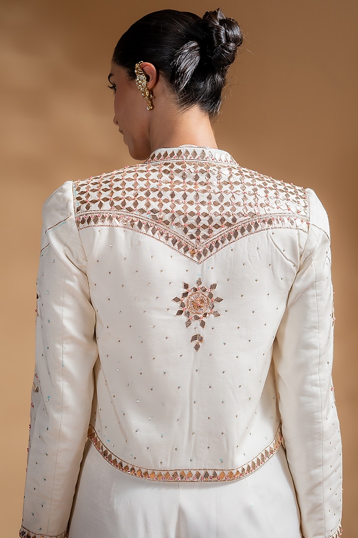 Off-White Dull Satin Gota Work Jacket Set by Baise Gaba at Pernia's Pop Up Shop