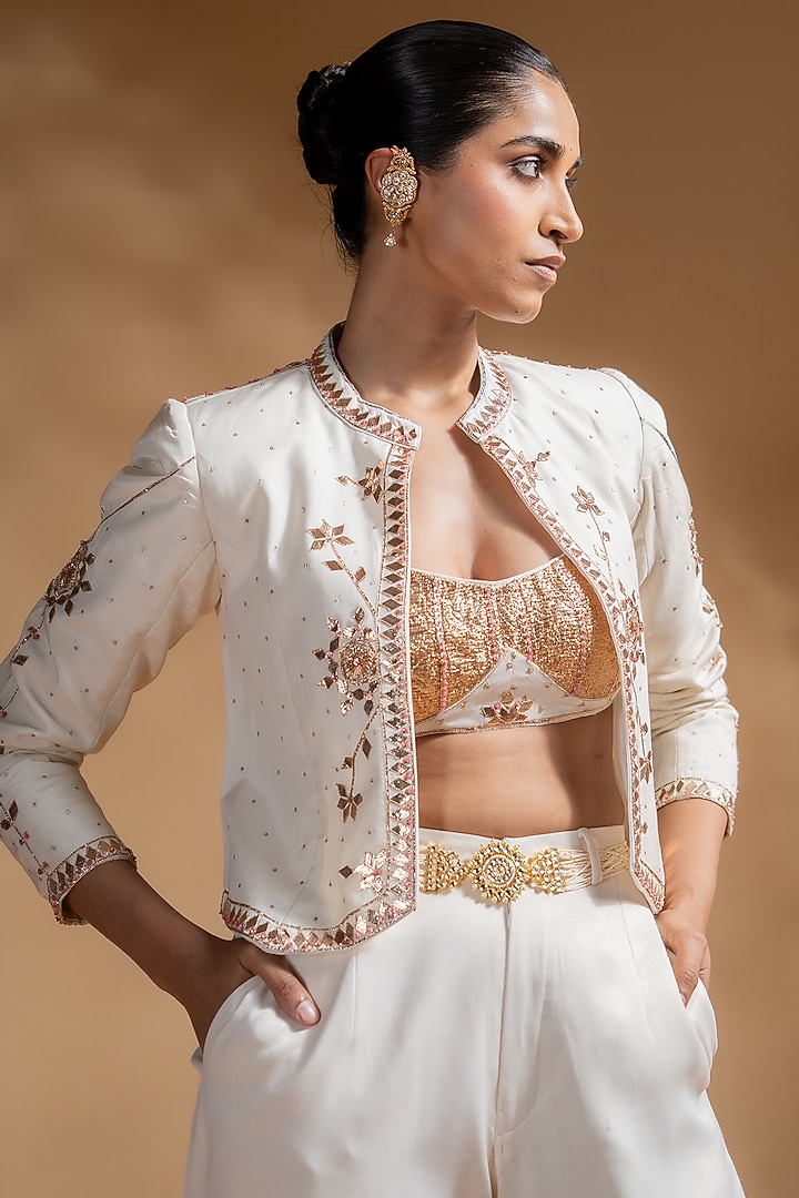 Off-White Dull Satin Gota Work Jacket Set by Baise Gaba at Pernia's Pop Up Shop