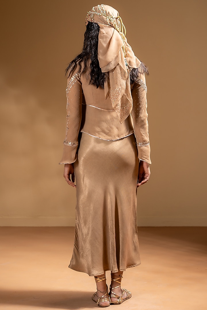 Mocha Dull Satin & Chiffon Gota Work jacket Vacation Dress by Baise Gaba at Pernia's Pop Up Shop