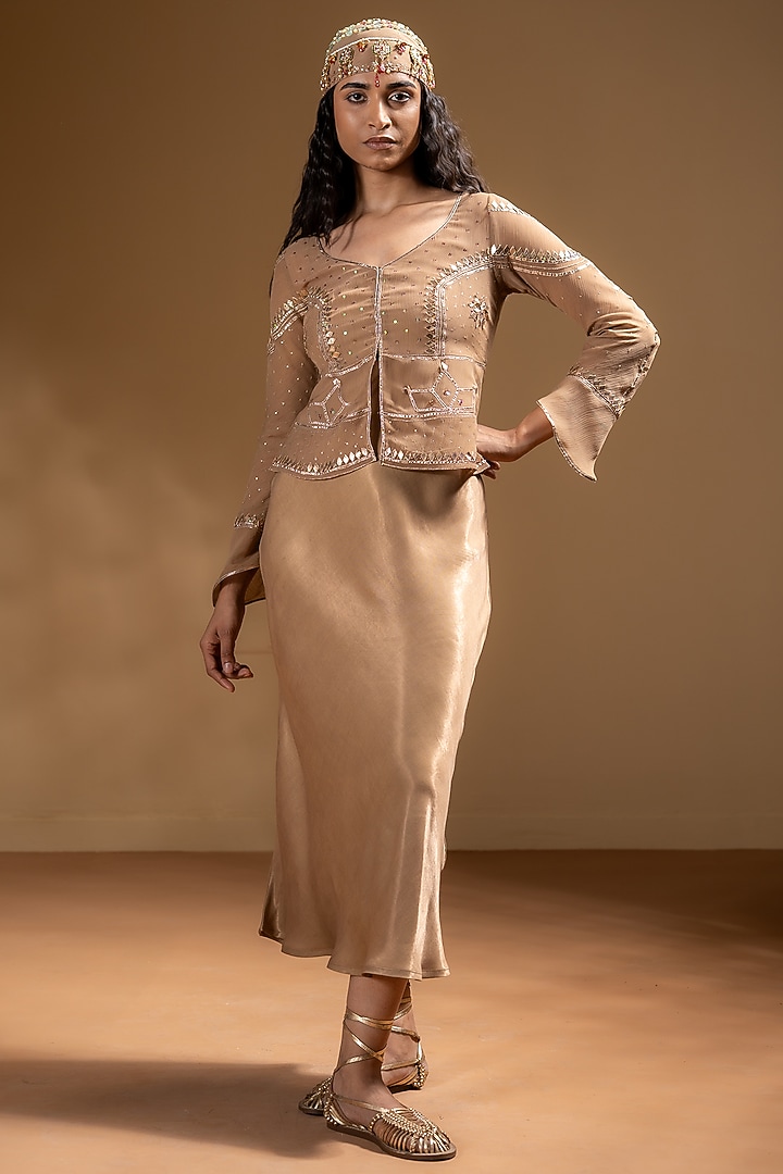 Mocha Dull Satin & Chiffon Gota Work jacket Vacation Dress by Baise Gaba at Pernia's Pop Up Shop