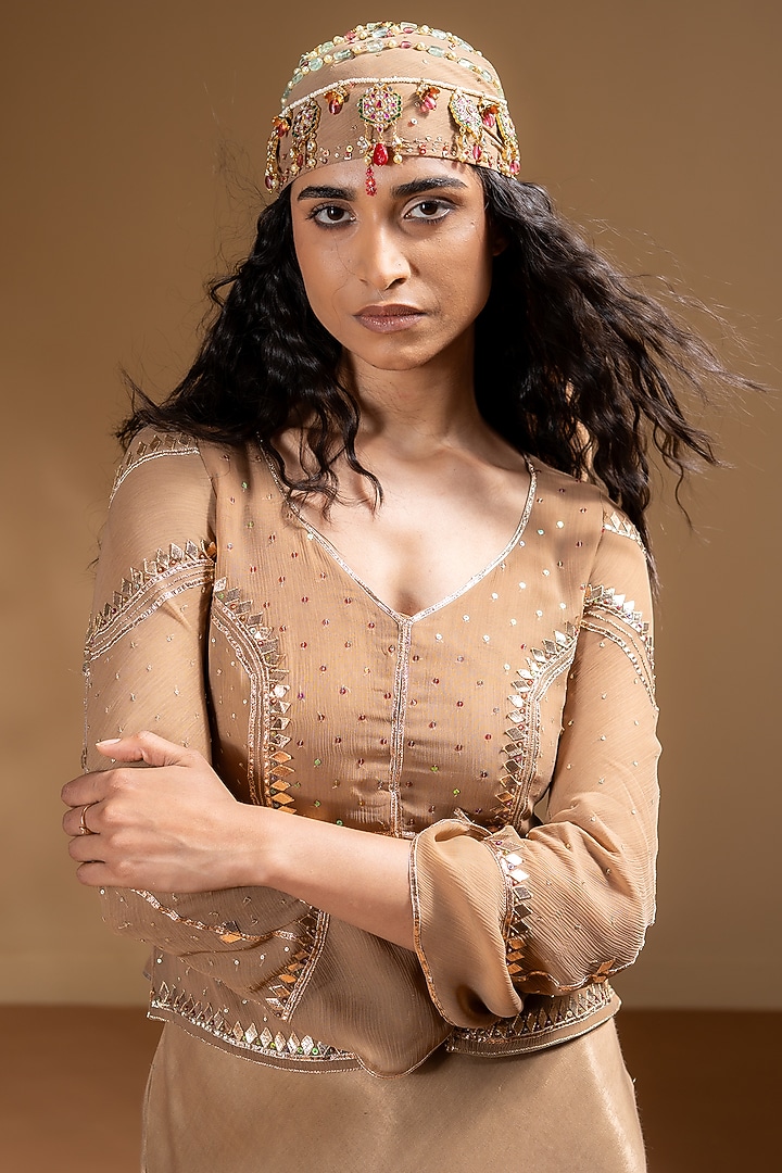 Mocha Dull Satin & Chiffon Gota Work jacket Vacation Dress by Baise Gaba at Pernia's Pop Up Shop