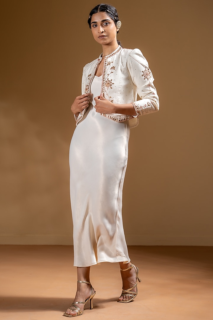 Off-White Dull Satin Jacket Vacation Dress by Baise Gaba at Pernia's Pop Up Shop