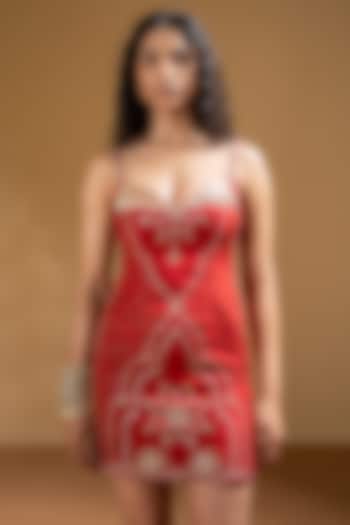 Red Muslin Gota Work Mini Vacation Dress by Baise Gaba at Pernia's Pop Up Shop