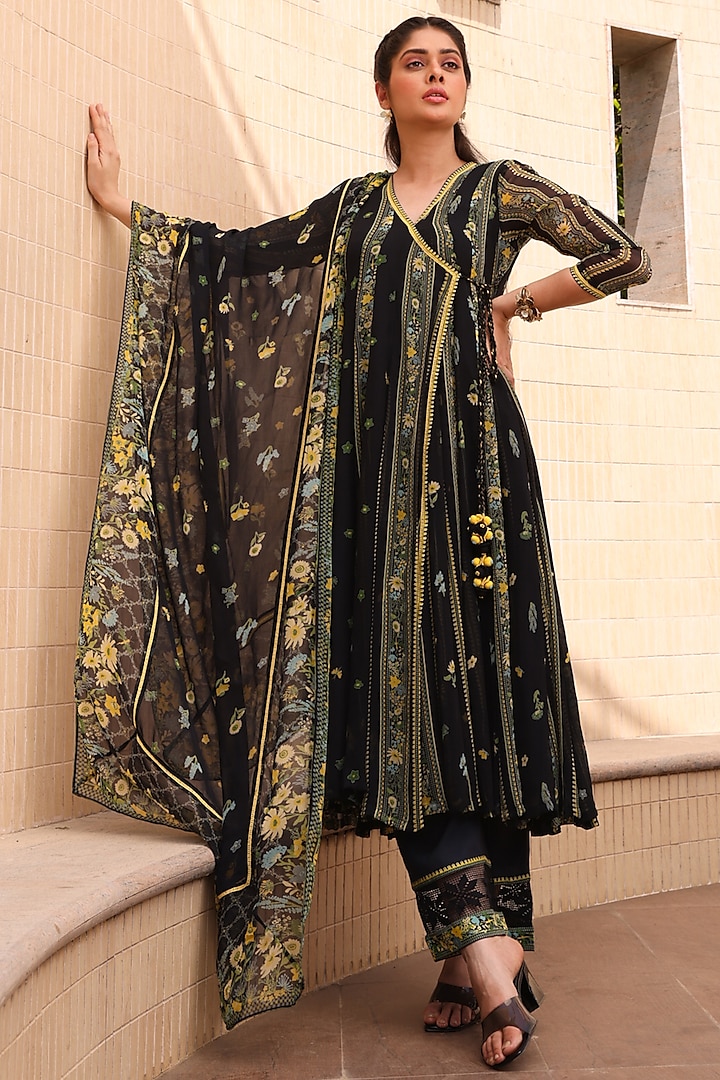 Black Chiffon Angrakha Anarkali Set by Baise Gaba at Pernia's Pop Up Shop