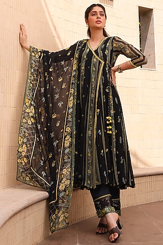 Black Chiffon Angrakha Anarkali Set by Baise Gaba