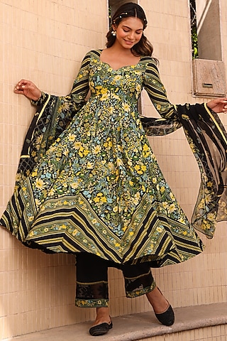 Black Cotton Moss Kalidar Anarkali Set by Baise Gaba