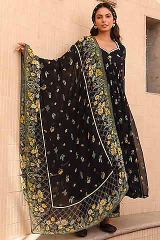 Black Chiffon Embroidered Anarkali Set by Baise Gaba