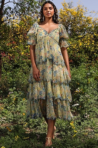 Pastel Yellow Chiffon Printed & Embroidered Dress by Baise Gaba