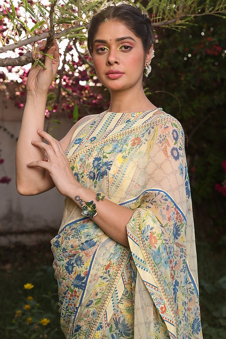 Yellow Chiffon Printed Festive Saree by Baise Gaba at Pernia's Pop Up Shop