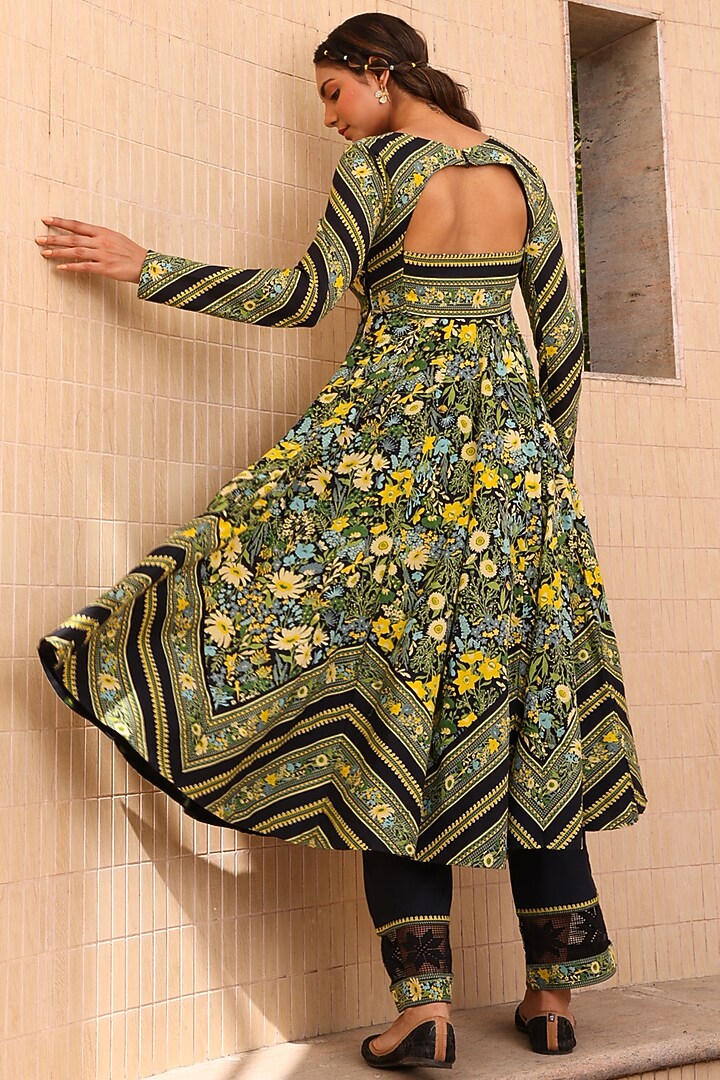 Black Cotton Moss Printed Anarkali by Baise Gaba at Pernia's Pop Up Shop