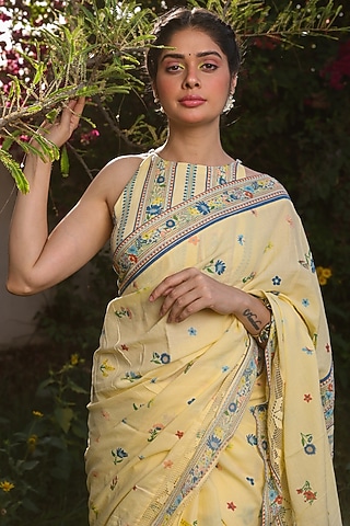 Pastel Yellow Cotton Moss Printed Blouse by Baise Gaba