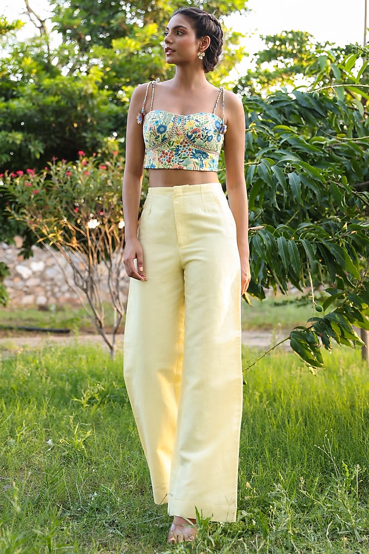 Yellow Cotton Moss Printed & Embroidered Corset Top by Baise Gaba