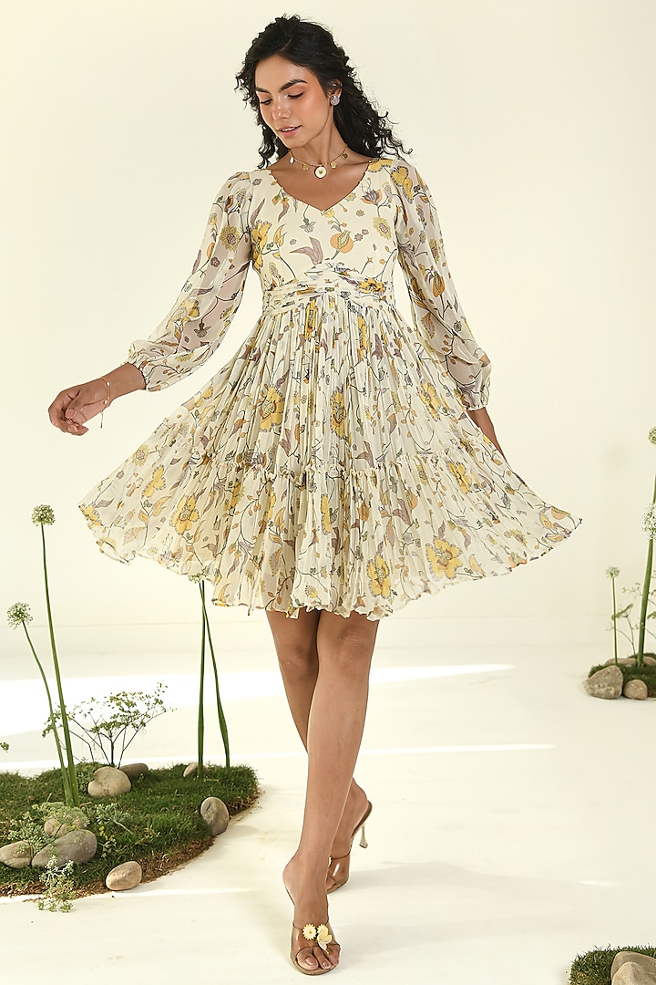 Beige Chiffon Floral Printed Tiered Summer Dress by Baise Gaba at Pernia's Pop Up Shop