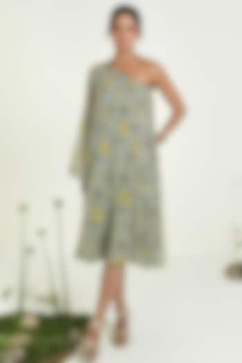 Muted Green Chiffon Floral Printed One-Shoulder Summer Dress by Baise Gaba at Pernia's Pop Up Shop