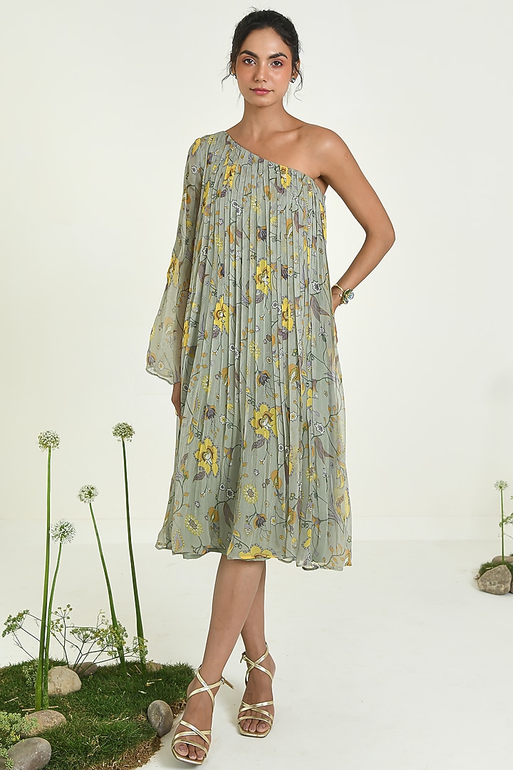 Muted Green Chiffon Floral Printed One-Shoulder Summer Dress by Baise Gaba at Pernia's Pop Up Shop