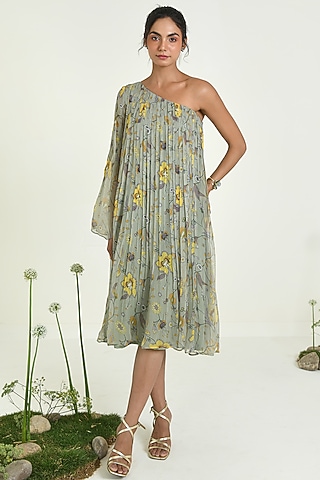 Muted Green Chiffon Floral Printed One-Shoulder Dress by Baise Gaba