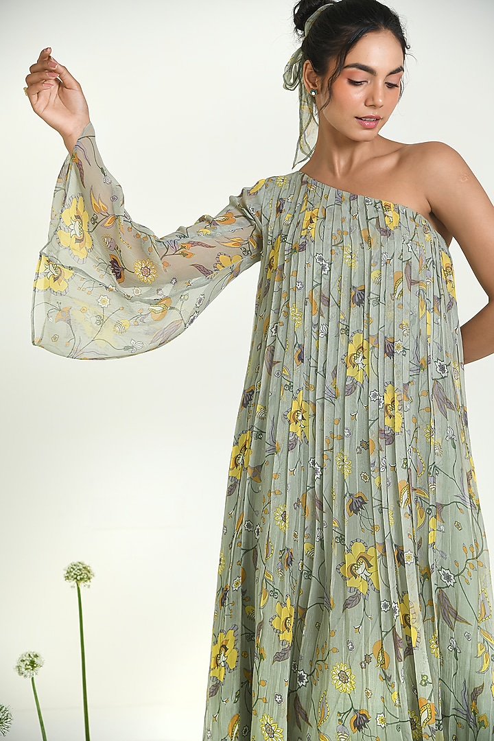 Muted Green Chiffon Floral Printed One-Shoulder Summer Dress by Baise Gaba at Pernia's Pop Up Shop