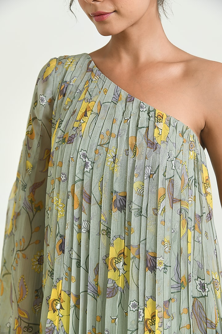Muted Green Chiffon Floral Printed One-Shoulder Summer Dress by Baise Gaba at Pernia's Pop Up Shop