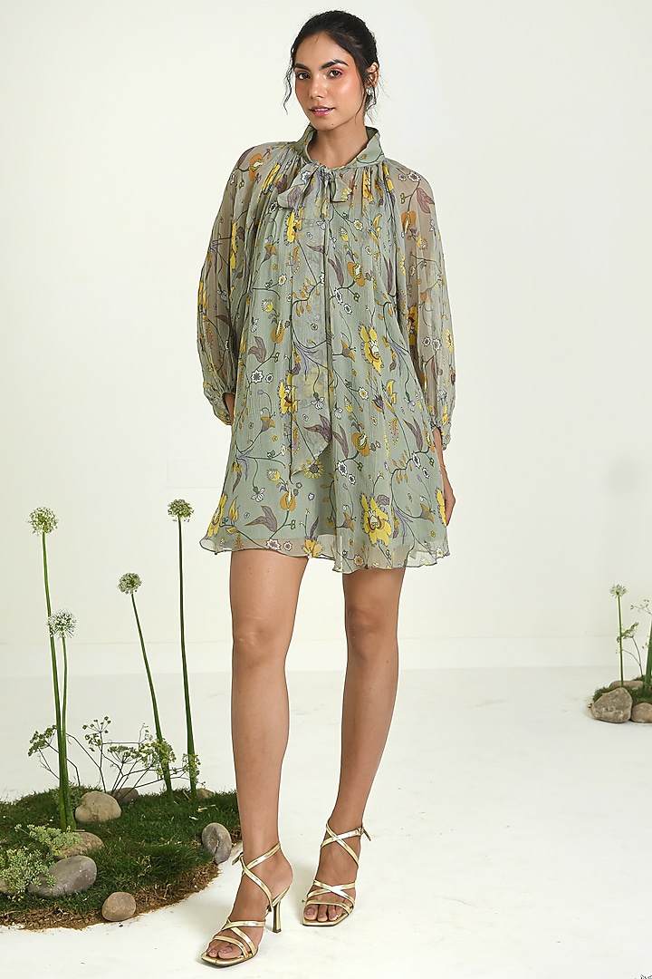Sage Green Chiffon Floral Printed Mini Summer Dress by Baise Gaba at Pernia's Pop Up Shop