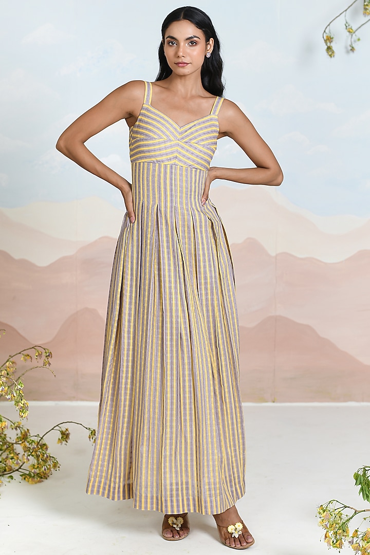 Yellow & Lavender Cotton Striped Maxi Summer Dress by Baise Gaba at Pernia's Pop Up Shop
