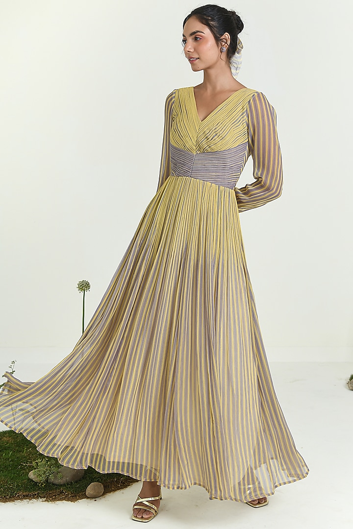 Yellow & Lavender Chiffon Striped Maxi Summer Dress by Baise Gaba at Pernia's Pop Up Shop