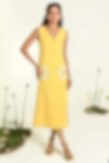 Yellow Cotton Linen Embroidered Midi Summer Dress by Baise Gaba at Pernia's Pop Up Shop